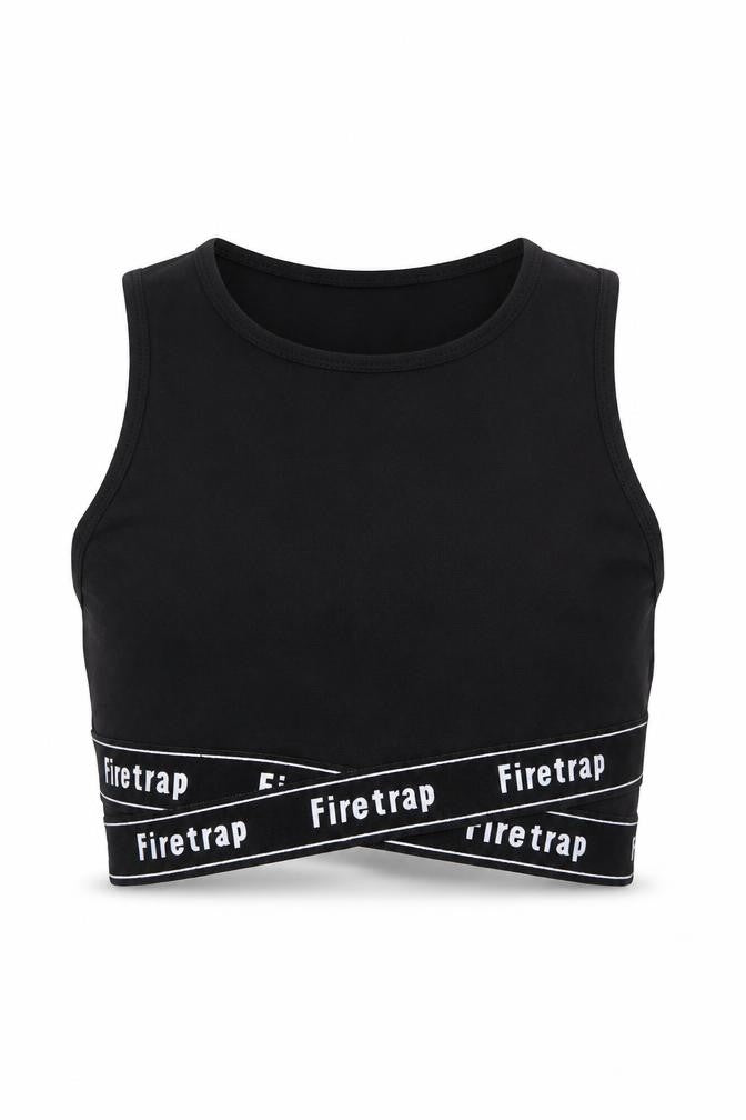 Front view of Firetrap girls’ black cropped tank top 7-8 years logo elastic sports style