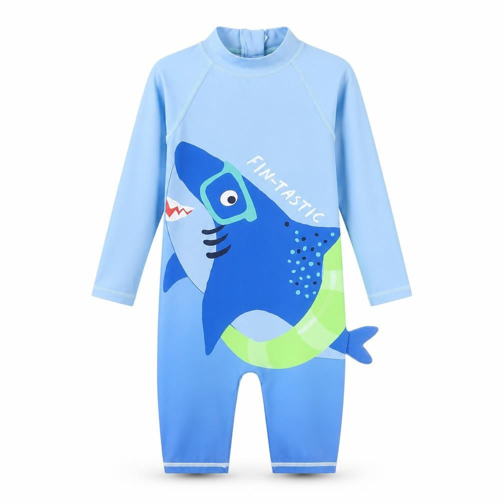 Front view of Dunnes boys’ blue shark one piece wetsuit 2-3 years uv-protection