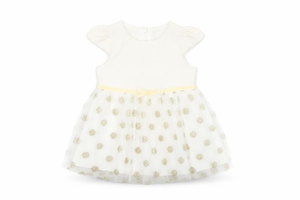 Front view of Visara girls’ ivory gold polka dot tutu dress 9-12 months party wear