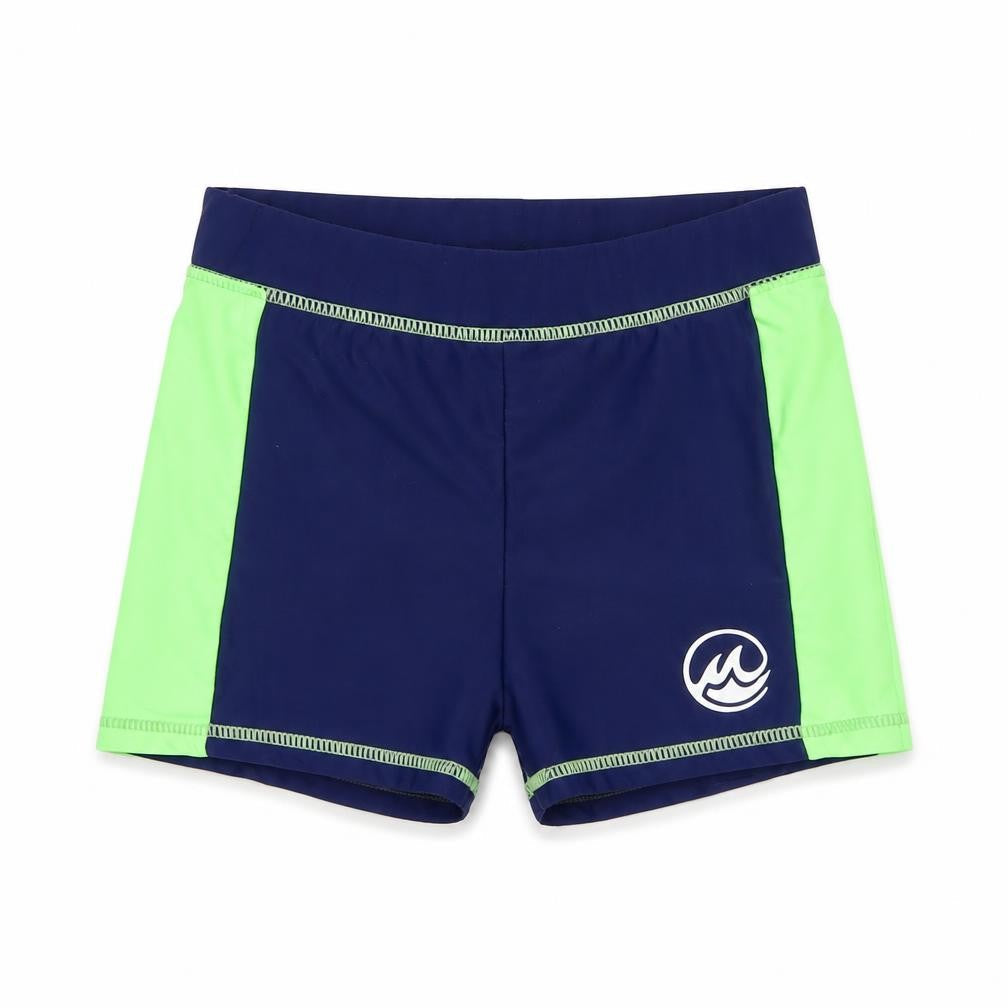 Front view of Fun in the Stones boys’ blue green swim shorts 7-8 years trunks