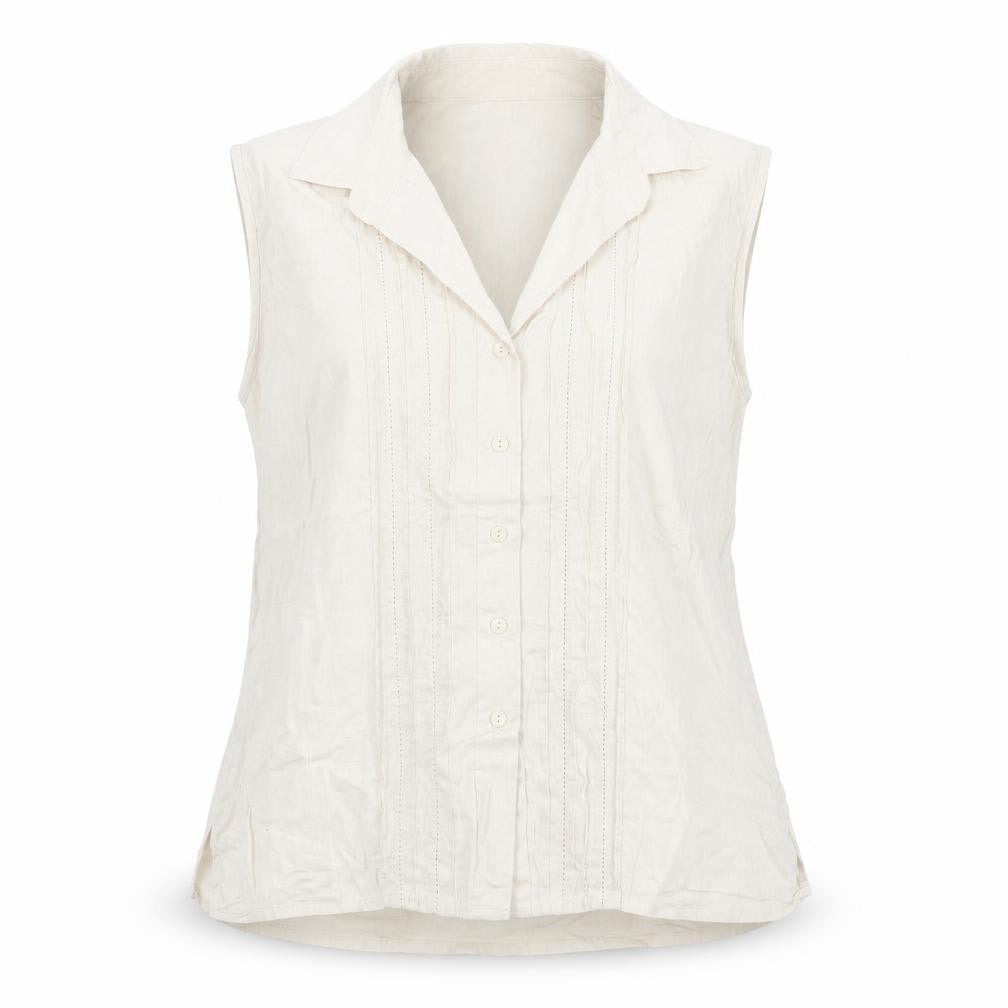 Dixie Women Beige Linen Blend Sleeveless Collared Blouse XL