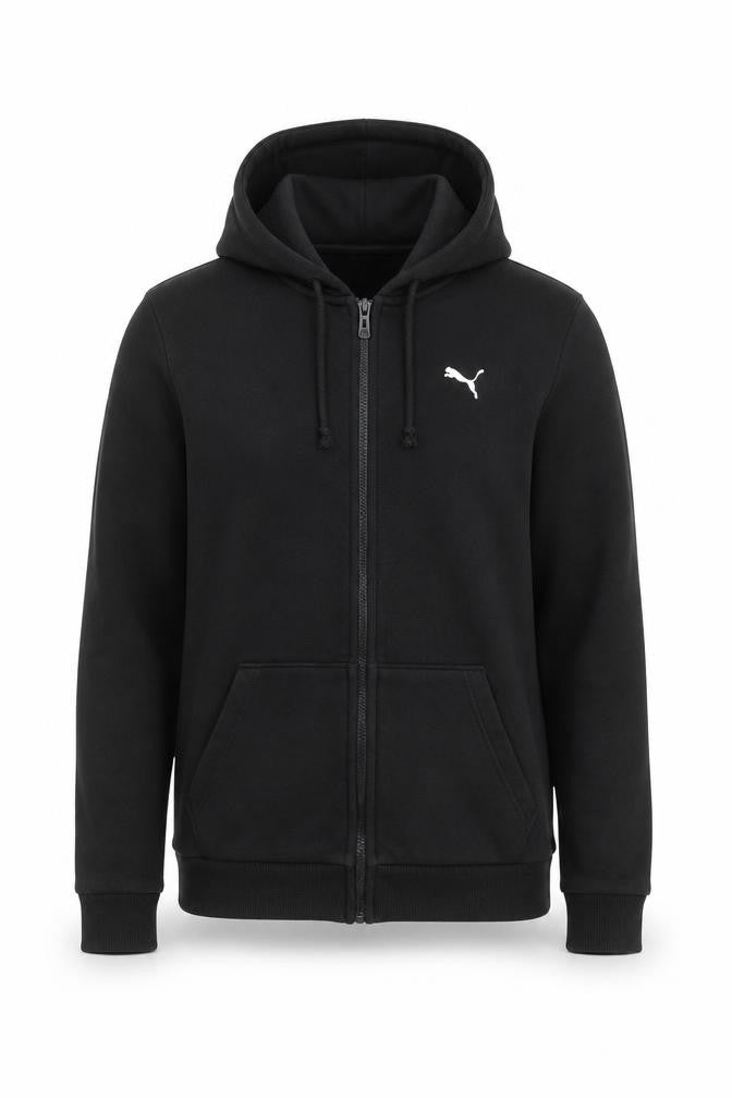 Front view of Puma Men's Black Full Zip Hoodie, size S, Sportswear Fleece