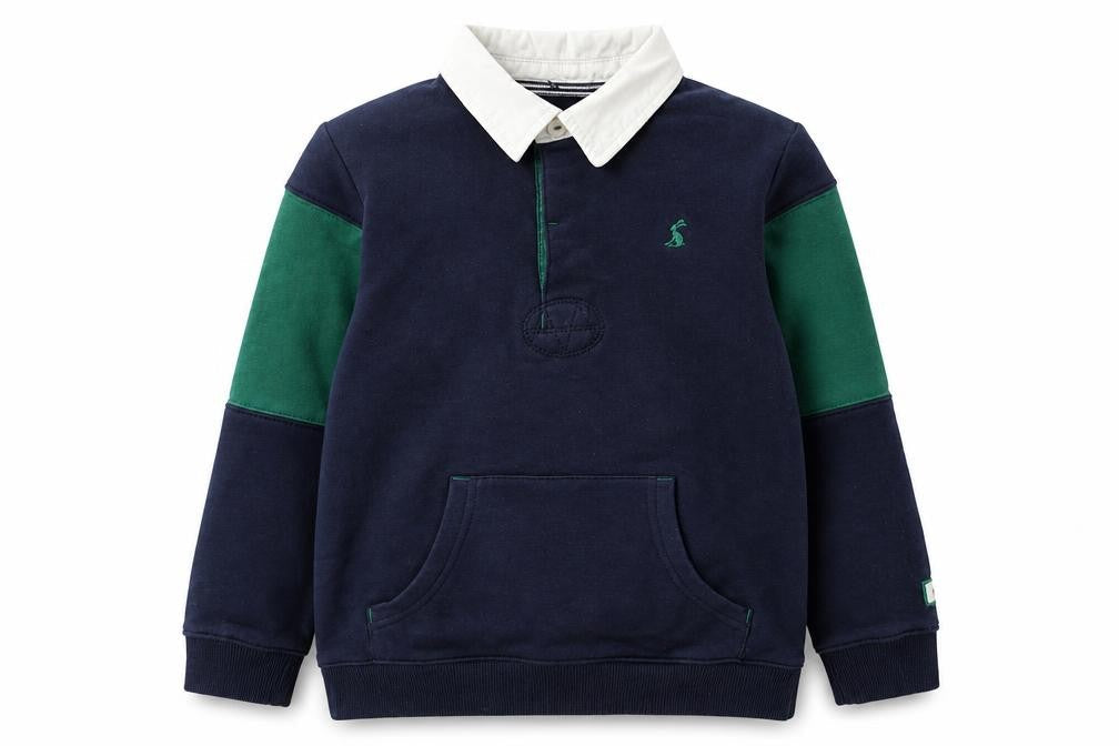 Front view of Joules boys’ navy green collared rugby sweatshirt 8 years cotton blend