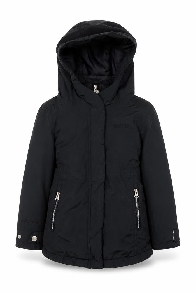 Front view of Regatta girls’ black 3-4 years hooded parka coat water resistant jacket