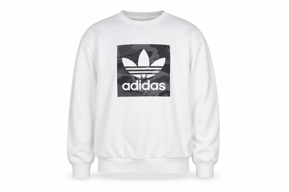 Front view of Adidas boys’ white 13-14 years pullover sweatshirt with logo