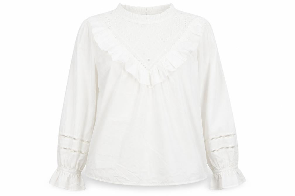 River Island Women’s White Cotton Ruffle High Neck Blouse Size 12