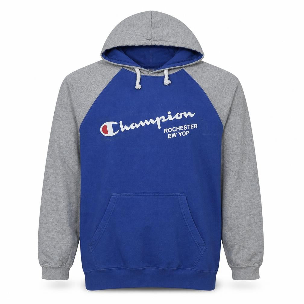 Champion Men's Blue & Grey Pullover Hoodie XL Graphic Logo Sweatshirt