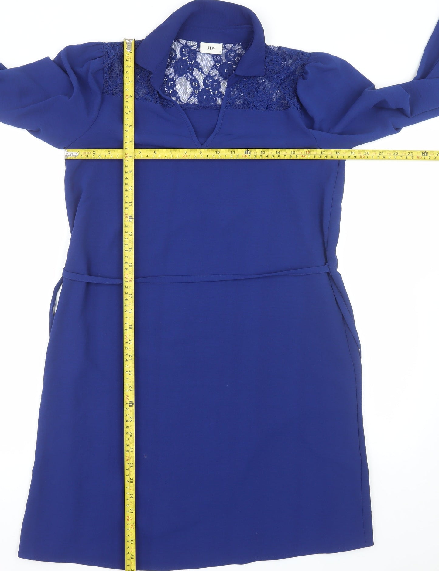 JDY Women's Blue Lace Collared Long Sleeve Shift Dress Size S