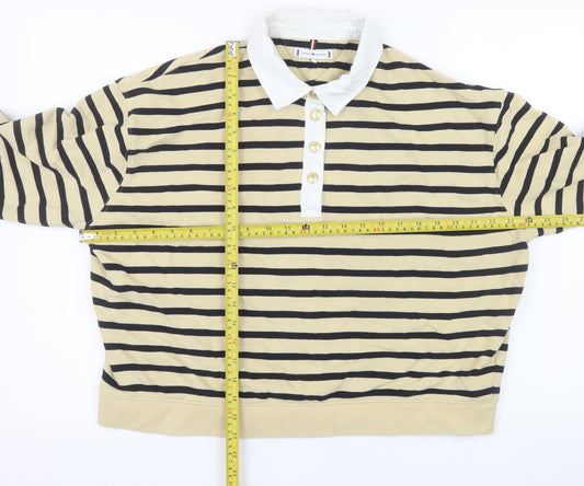 Tommy Hilfiger Women Beige Stripe Henley Sweatshirt Size M Cotton