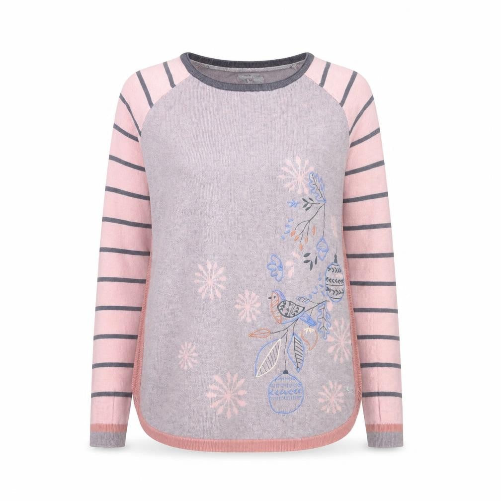 Mantaray Womens Purple Pink Striped Jumper Size 10 Embroidered Bird Design