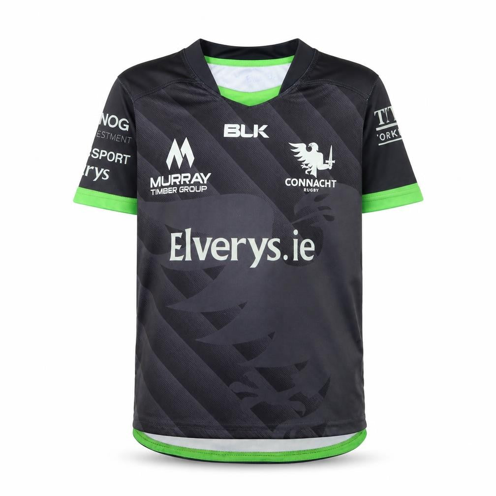 Front view of BLK Connacht Rugby boys’ black 8 years short sleeve jersey t-shirt
