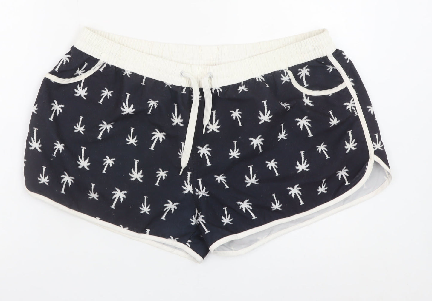 Ocean Club Women Navy Palm Print Swim Shorts L Polyester Drawstring