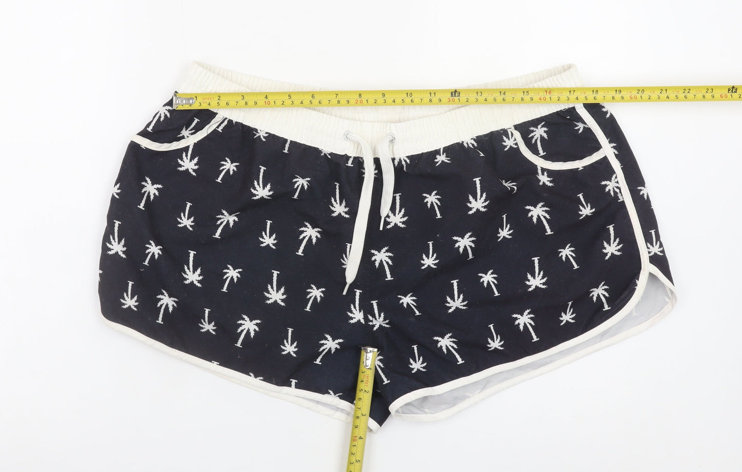 Ocean Club Women Navy Palm Print Swim Shorts L Polyester Drawstring