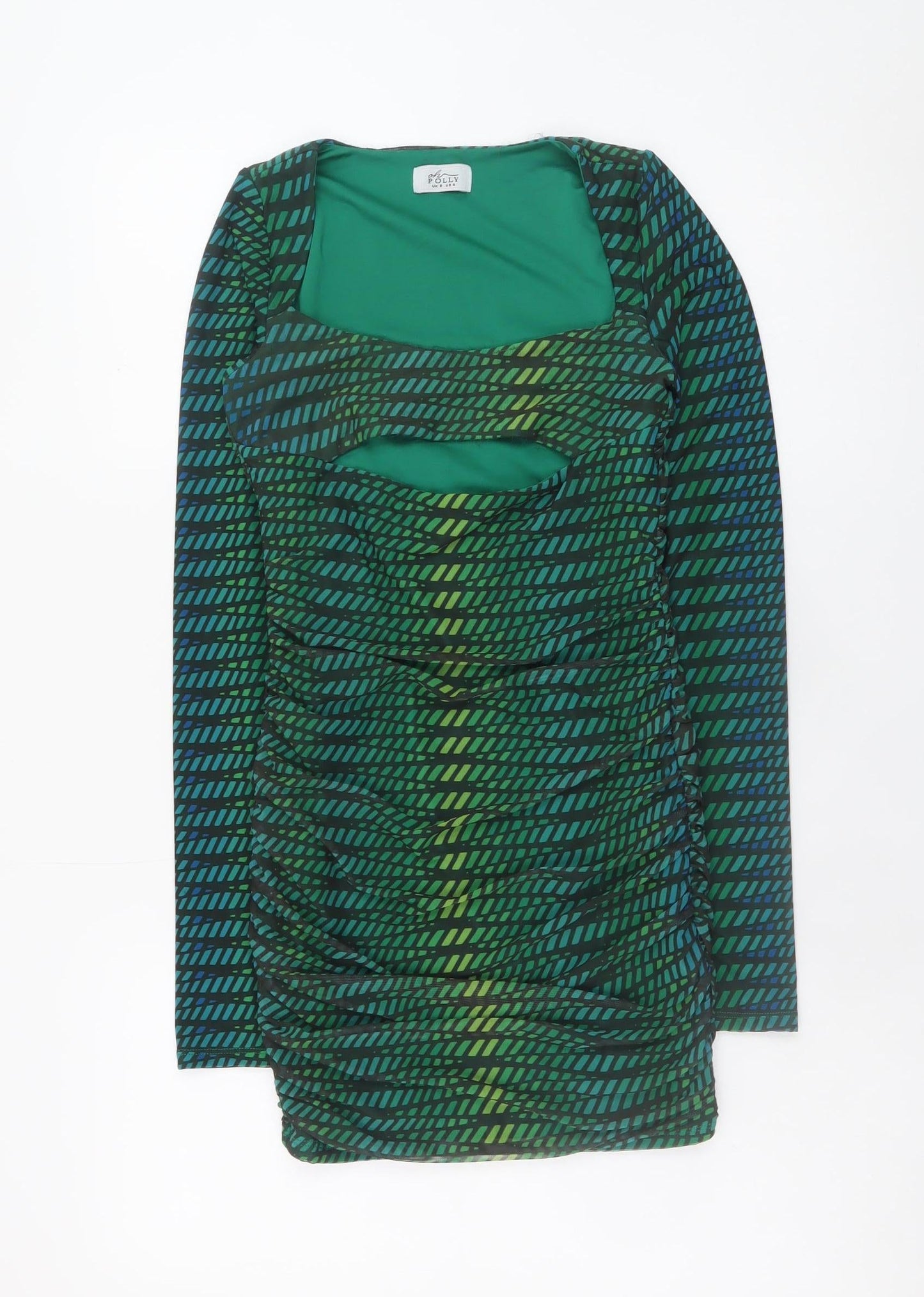Oh Polly Women Green Bodycon Short Dress Size 8 Long Sleeve Ruched