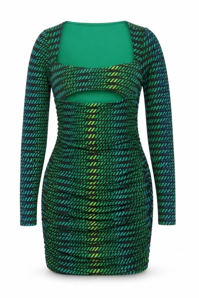 Oh Polly Women Green Bodycon Short Dress Size 8 Long Sleeve Ruched
