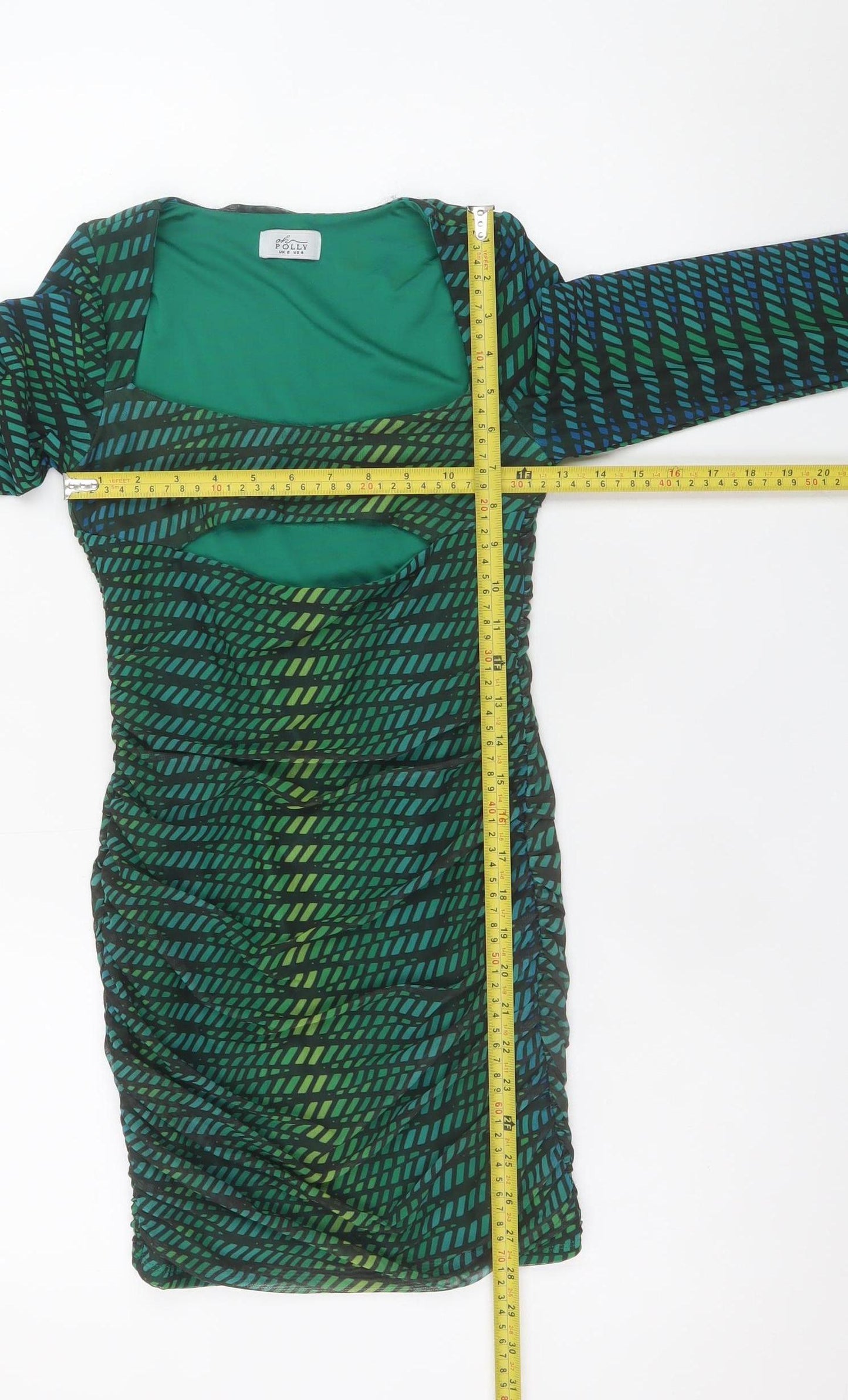 Oh Polly Women Green Bodycon Short Dress Size 8 Long Sleeve Ruched