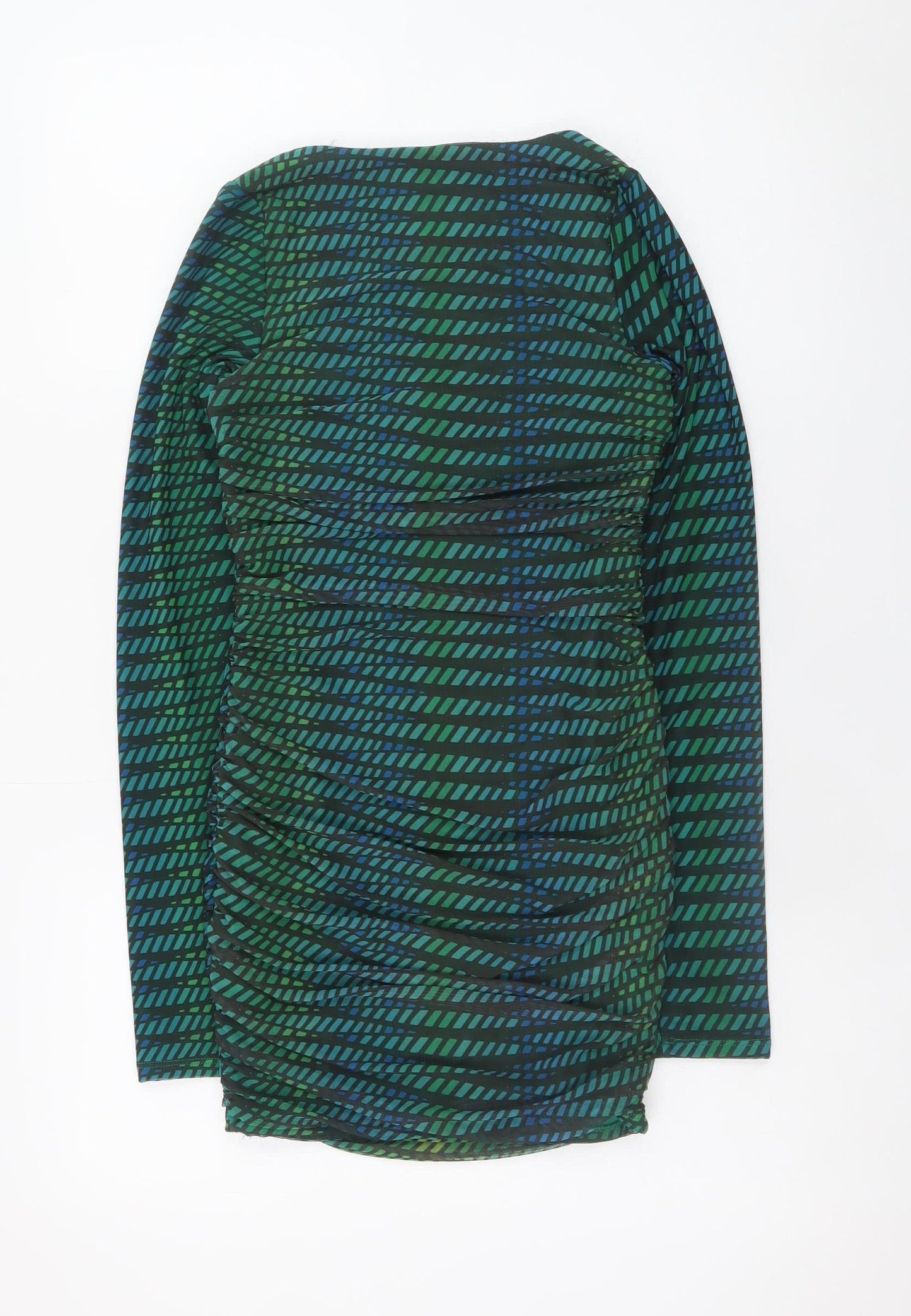Oh Polly Women Green Bodycon Short Dress Size 8 Long Sleeve Ruched