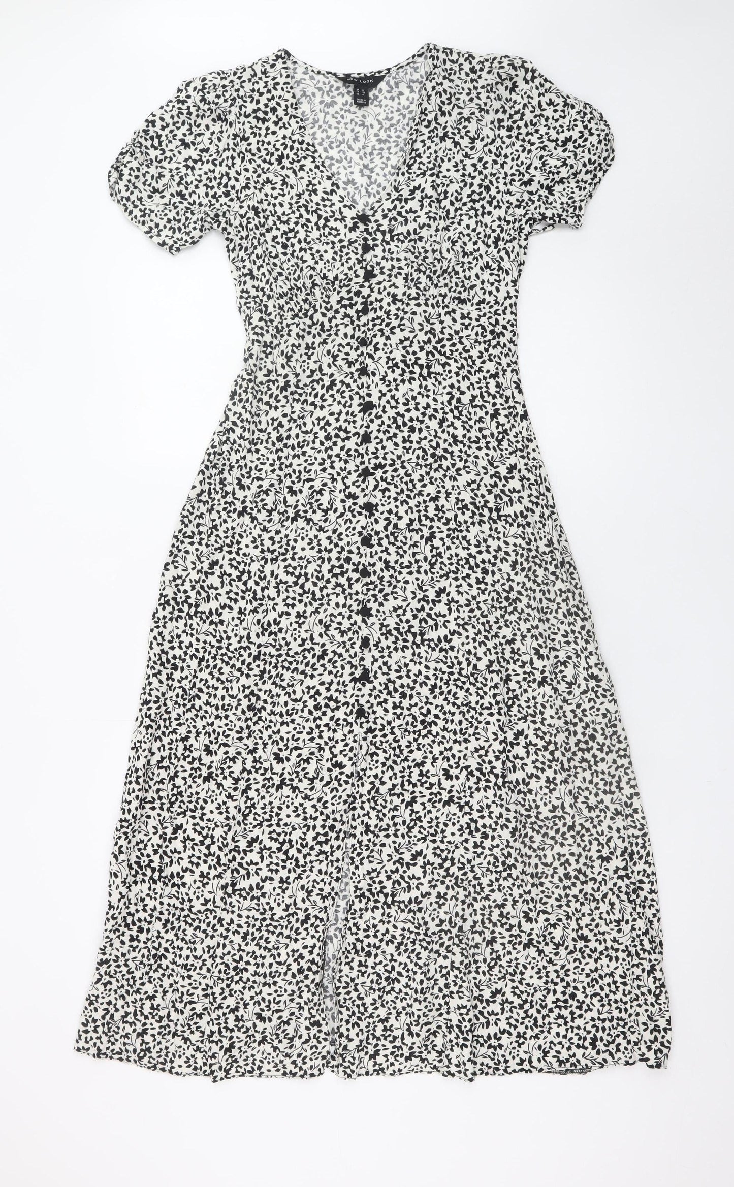 New Look Women's Black Floral Midi Button Front Dress Size 8