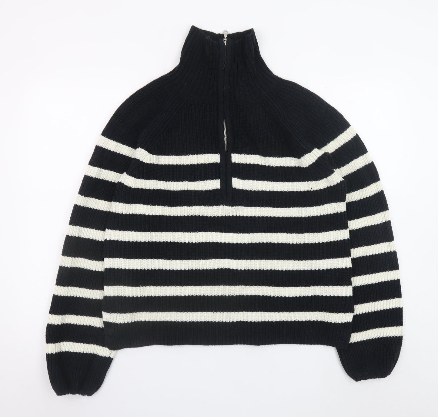 H&M Women’s Black & White Striped High Neck 1/2 Zip Knit Jumper Size 12
