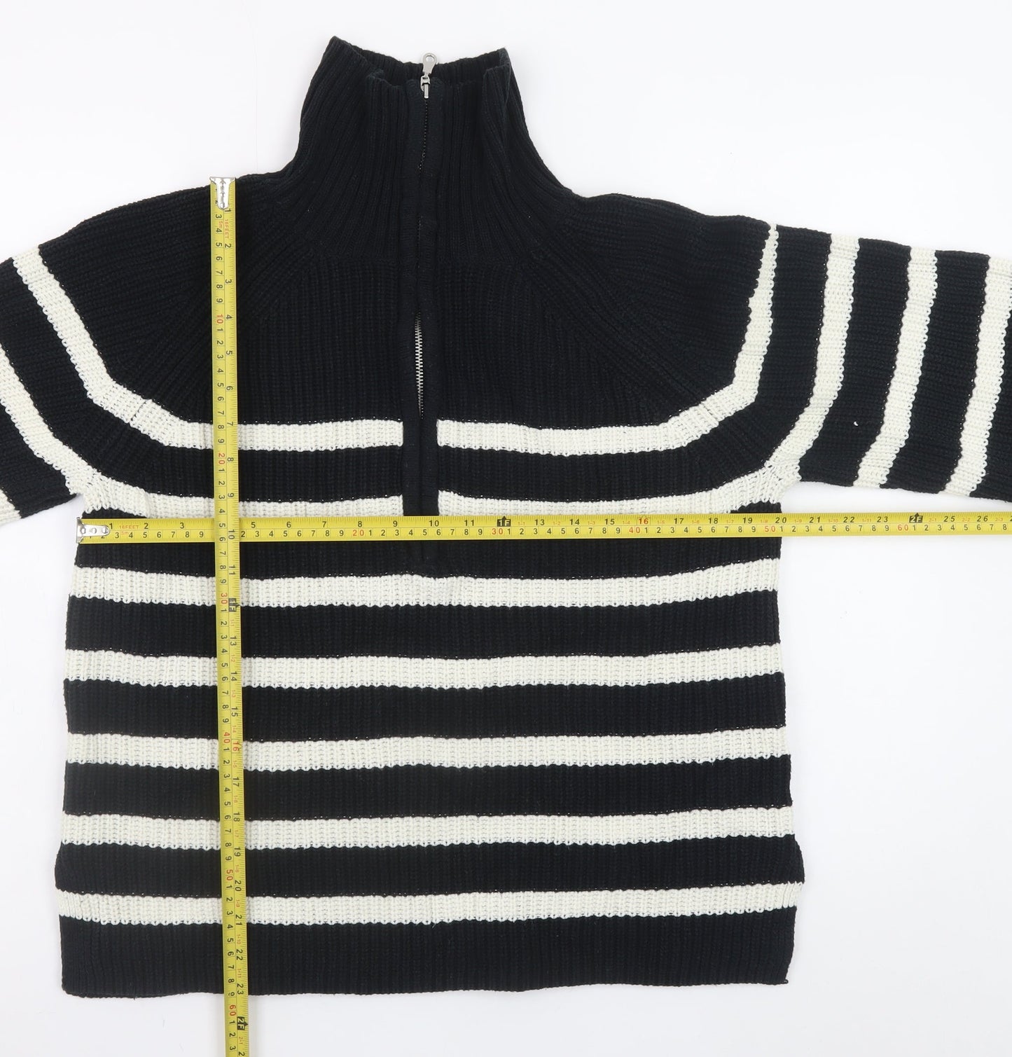 H&M Women’s Black & White Striped High Neck 1/2 Zip Knit Jumper Size 12
