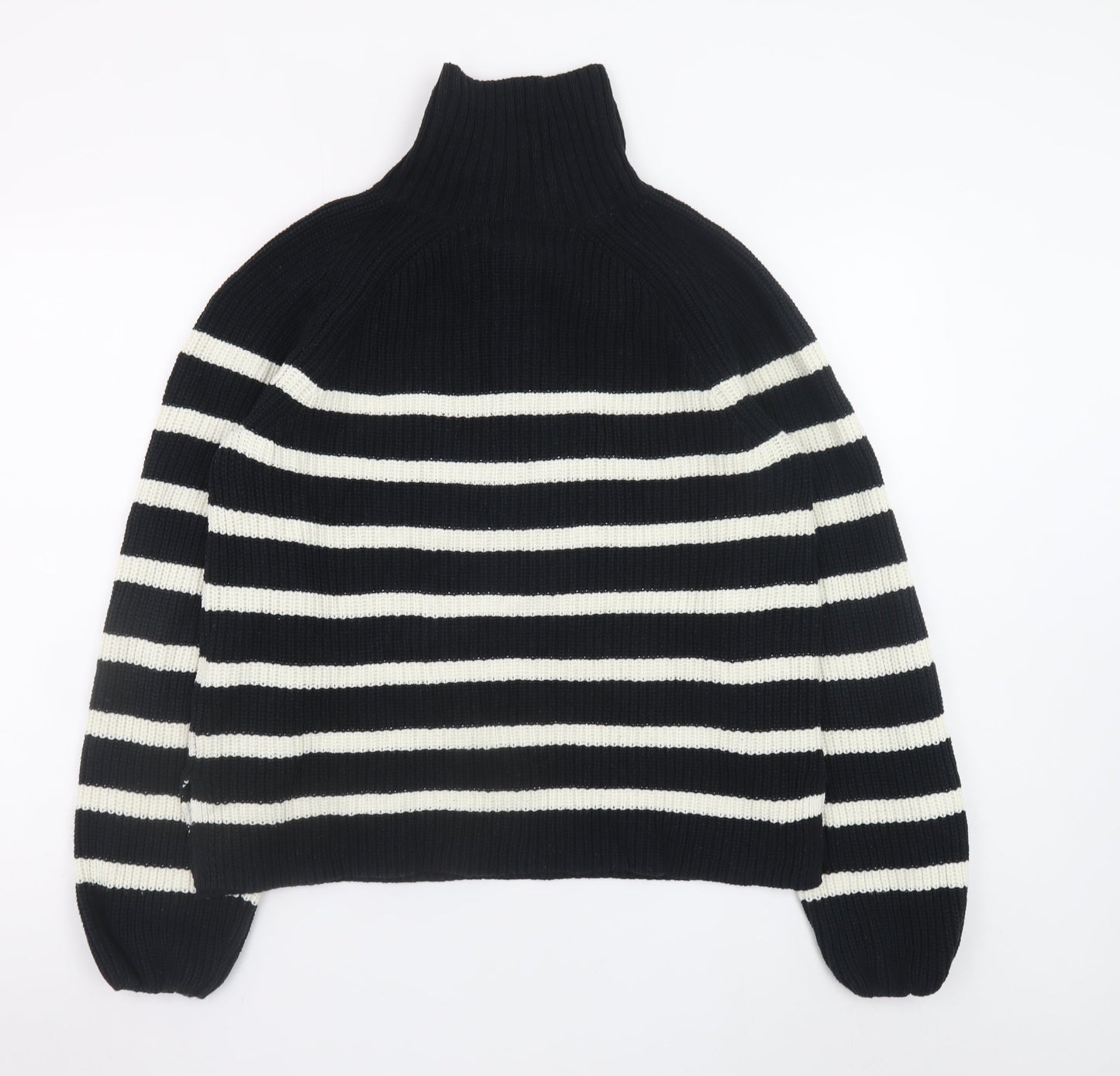 H&M Women’s Black & White Striped High Neck 1/2 Zip Knit Jumper Size 12
