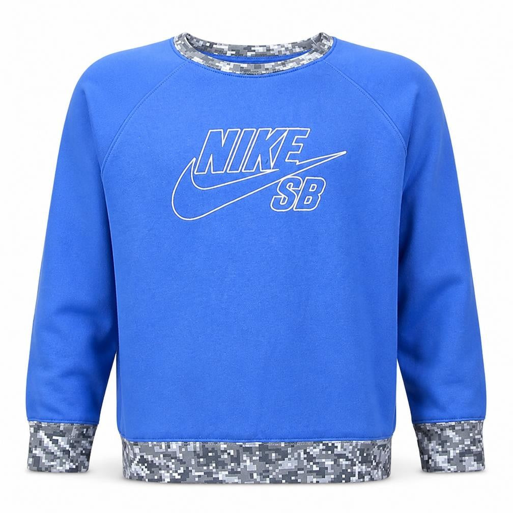 Front view of Nike SB boys’ blue crew neck sweatshirt xl 13-15 years camo trim