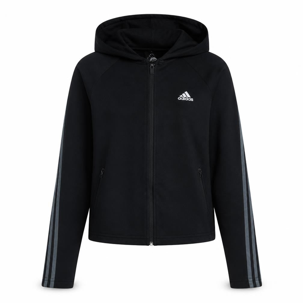 Front view of Adidas women’s black full zip hoodie, size UK 8-10, fleece lined sportswear