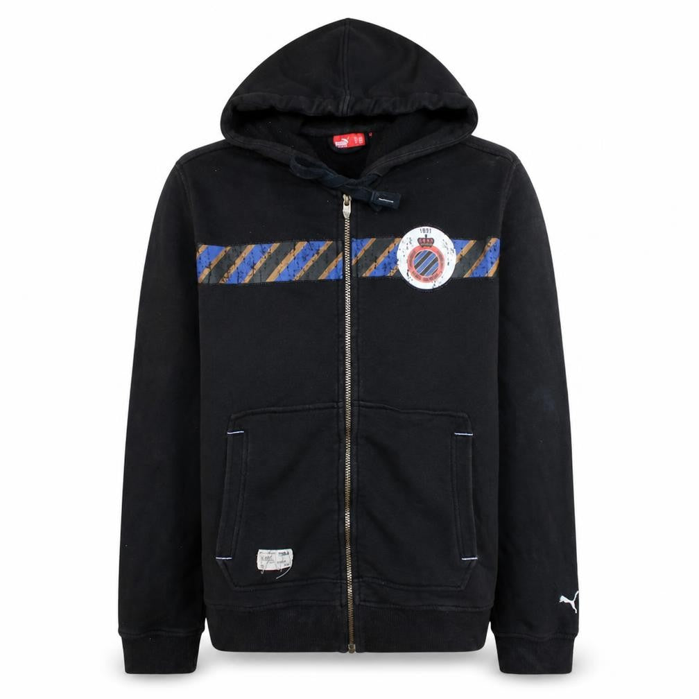 Front view of Puma men’s black full zip hoodie l football graphic print sportswear