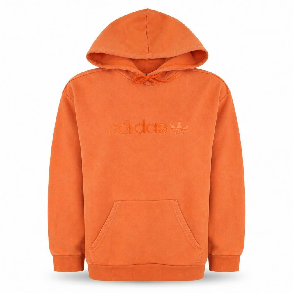 Front view of Adidas women’s orange hooded pullover sweatshirt, size UK 8, cotton logo
