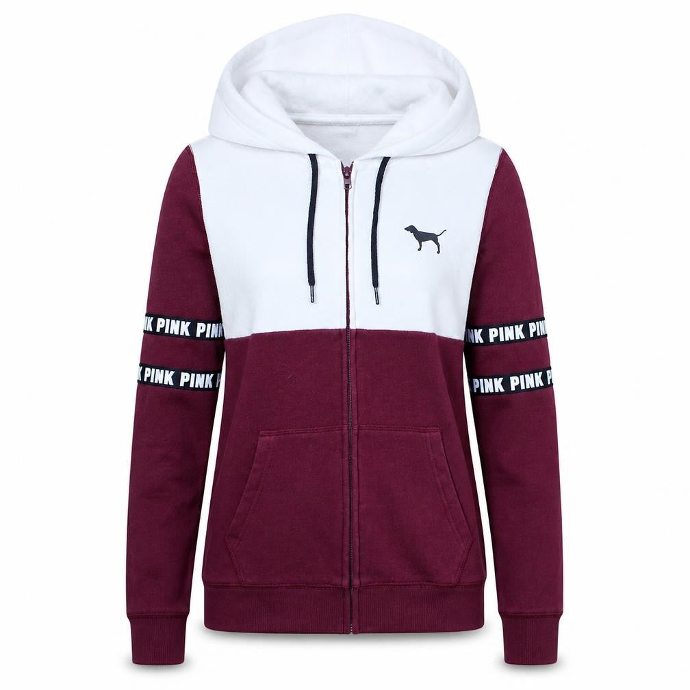 Victoria's Secret PINK Women's Burgundy & White Full Zip Hoodie Size S