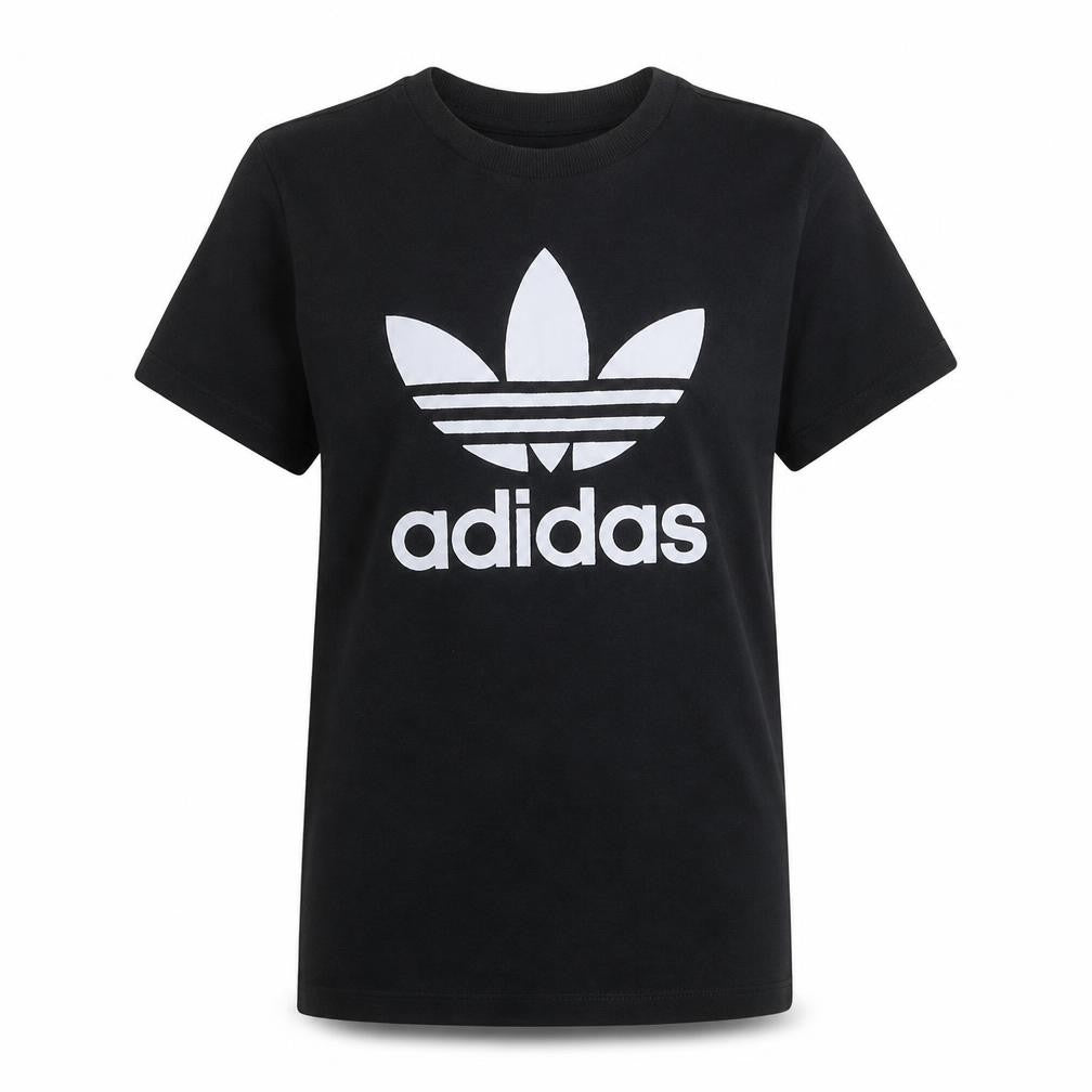 Front view of Adidas women’s black cotton t-shirt, size UK 12, short sleeve crew neck