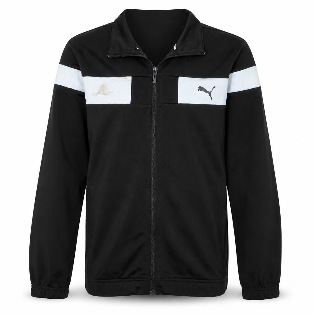 Front view of Puma boys’ black full zip sweatshirt 13-14 years colourblock logo jacket