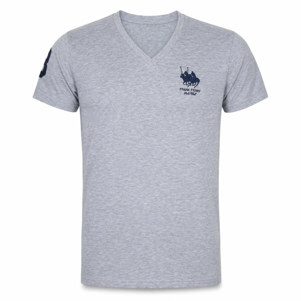 Frank Ferry Men Grey V-Neck Polo Club Embroidered T-Shirt M