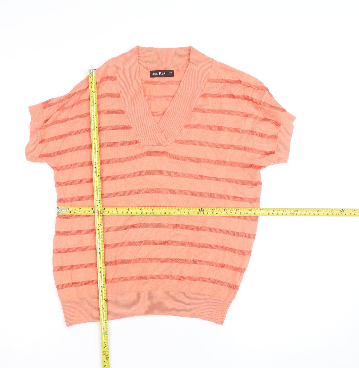 F&F Women's Pink Striped Knit Short Sleeve V-Neck Top XS