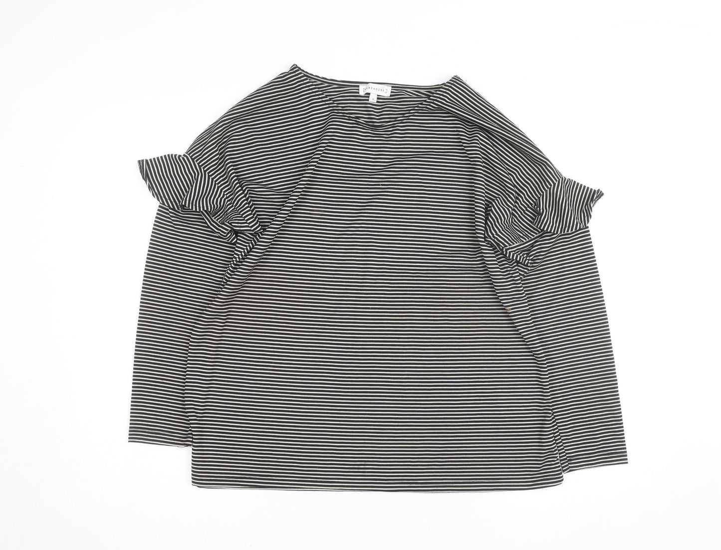 Warehouse Women’s Black Striped Ruffle Cold Shoulder Jersey Top Size 16