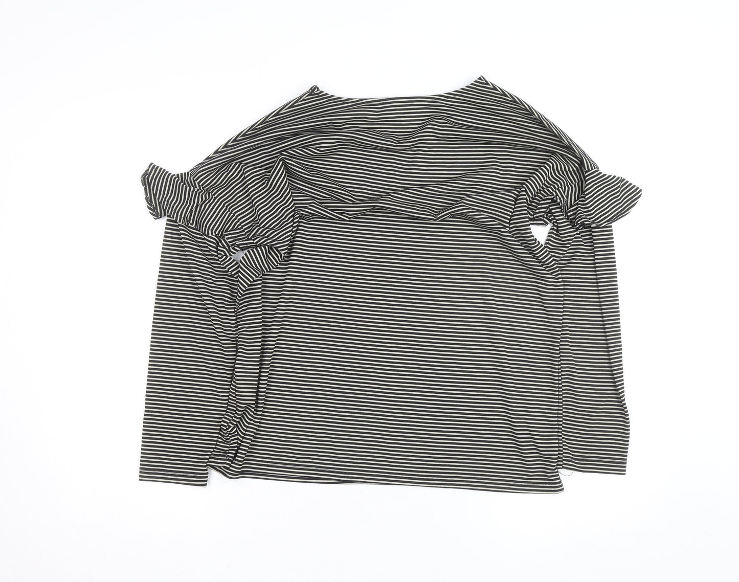 Warehouse Women’s Black Striped Ruffle Cold Shoulder Jersey Top Size 16