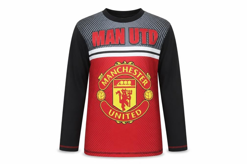 Front view of Manchester United boys’ red long sleeve football t-shirt 9-10 years
