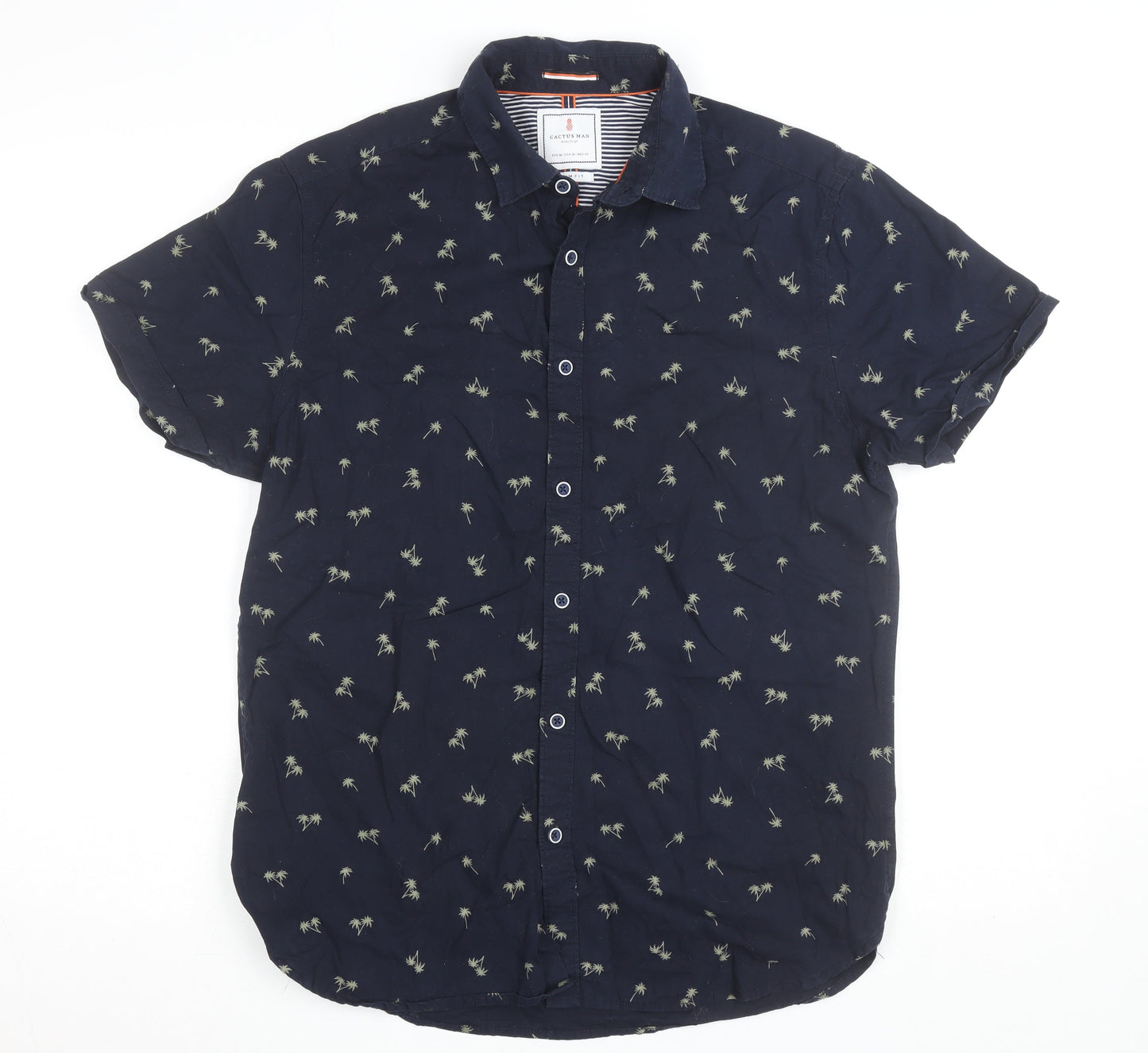 Cactus Man Men's Blue Slim Fit Tropical Palm Short Sleeve Shirt M