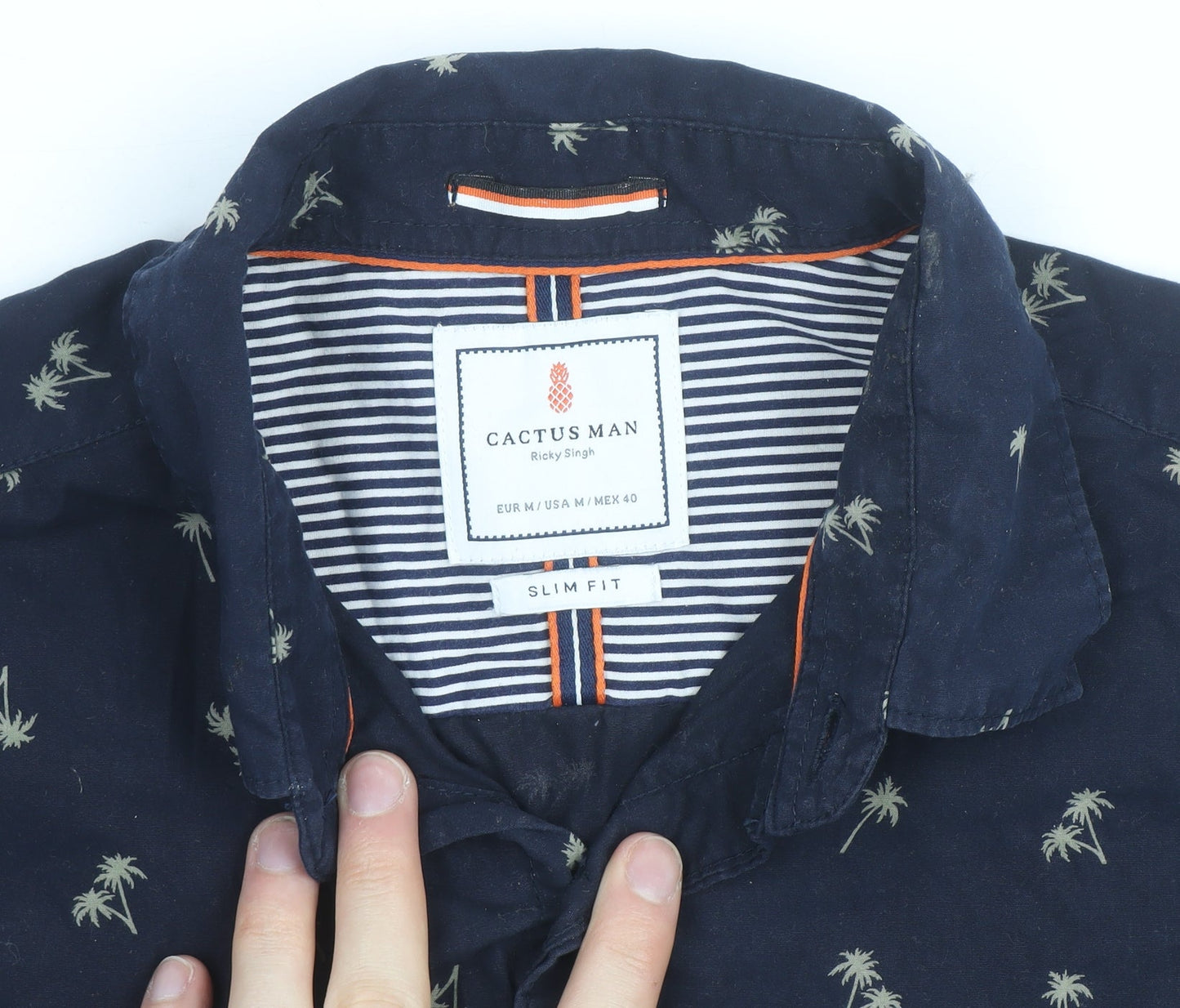 Cactus Man Men's Blue Slim Fit Tropical Palm Short Sleeve Shirt M