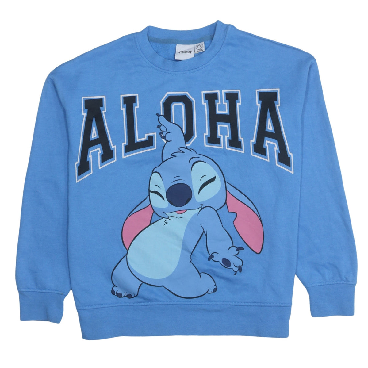 Front view of Disney Women Blue Stitch Aloha Pullover Sweatshirt, size S