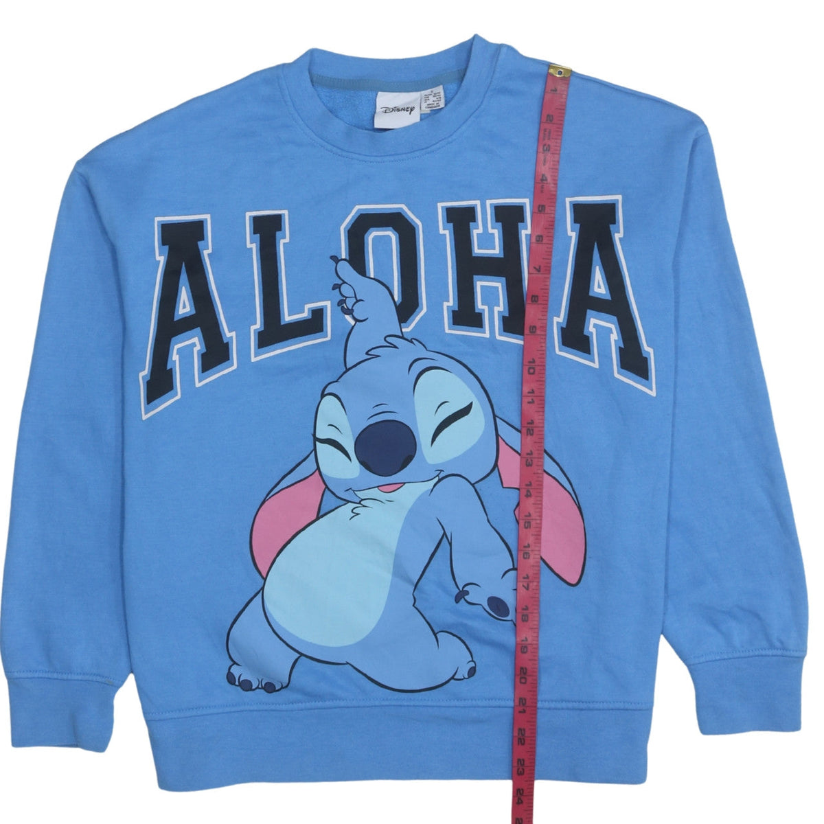 Back view of Disney Women Blue Stitch Aloha Pullover Sweatshirt, size S
