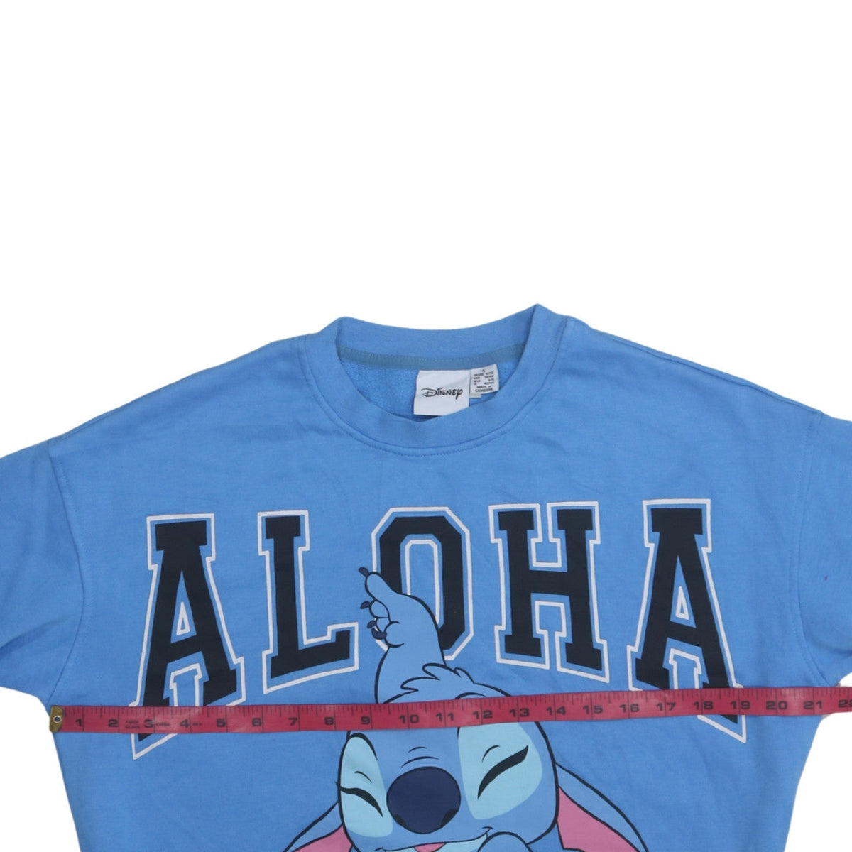 Close-up detail of Disney Women Blue Stitch Aloha Pullover Sweatshirt, size S