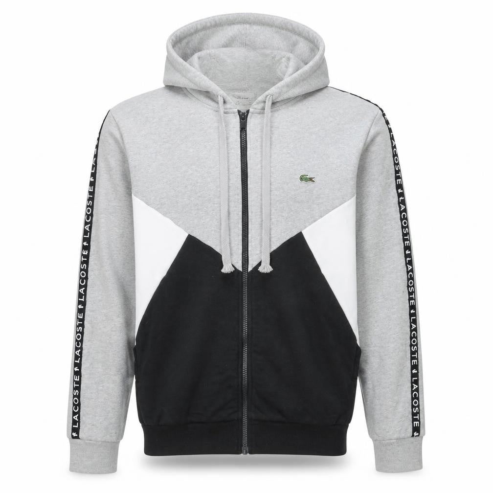Front view of Lacoste Men’s Grey Full Zip Hoodie, size M, Colour Block Logo Sweatshirt