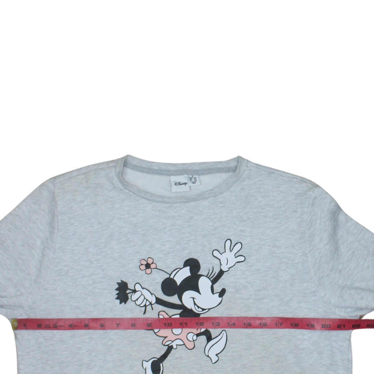 Close-up detail of Disney women’s grey minnie mouse sweatshirt m crew neck pullover