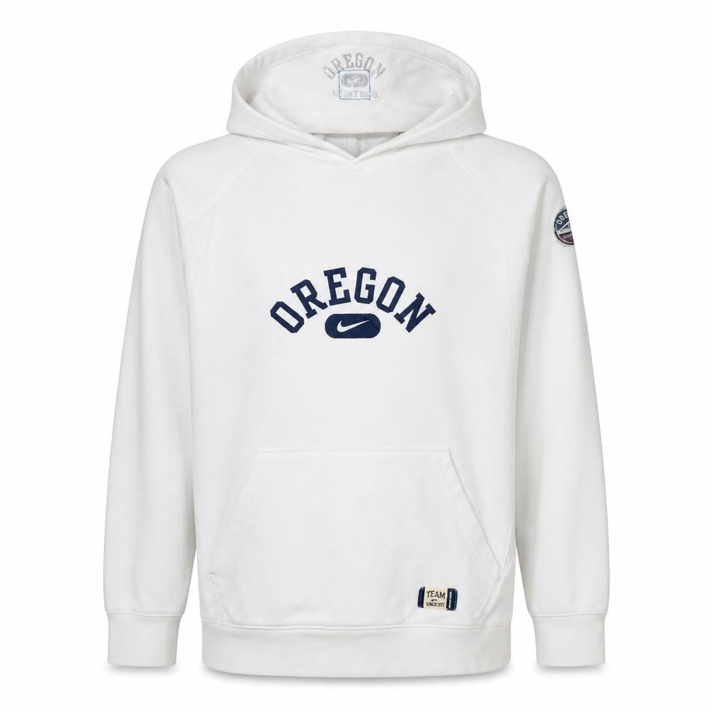 Front view of Nike boys’ white oregon pullover hoodie, size 12-13, years fleece lined