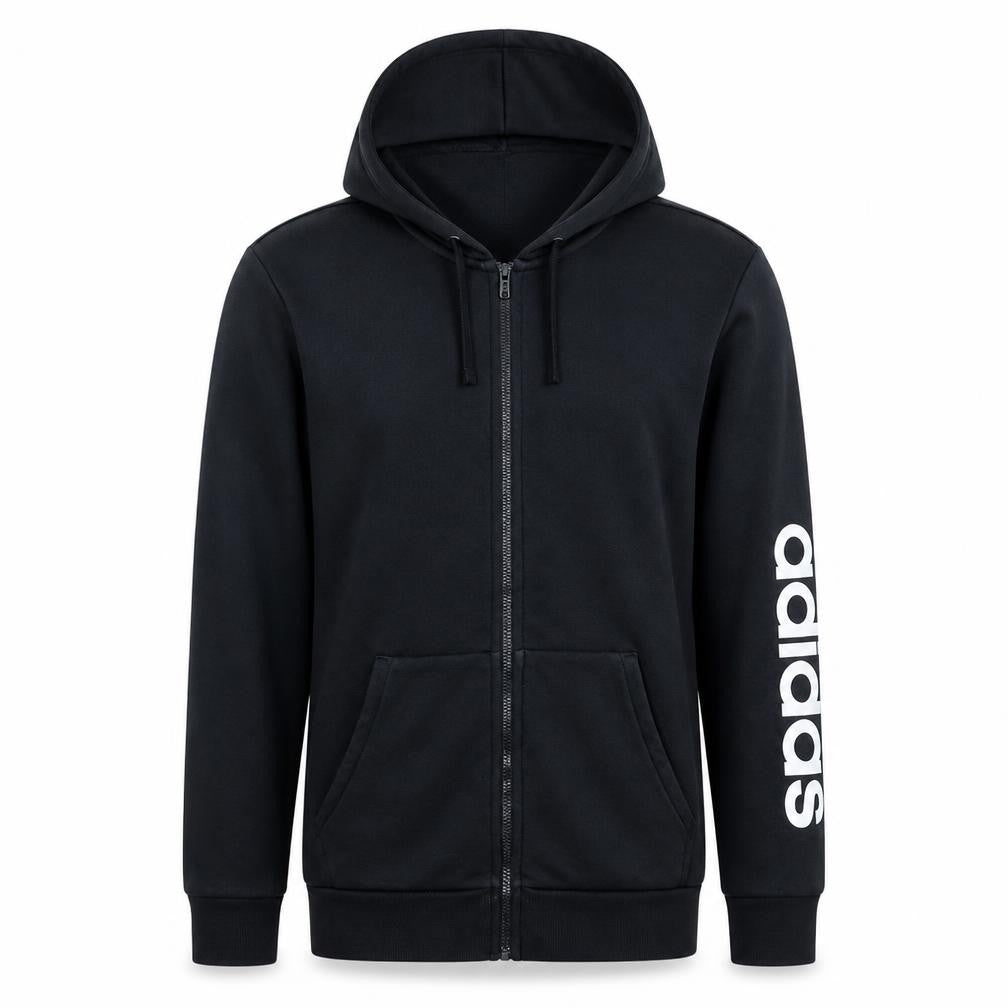 Front view of Adidas men’s black full zip hoodie, size M, sportswear sweatshirt
