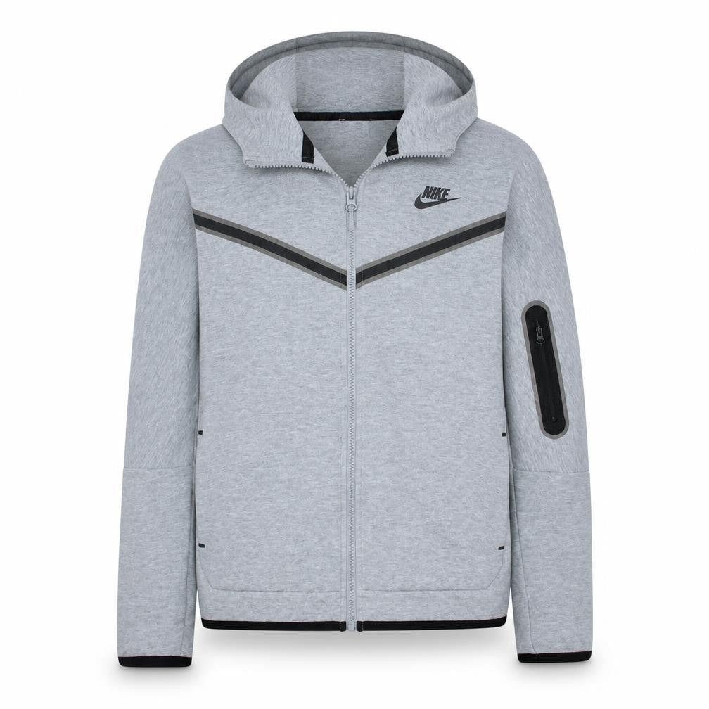 Front view of Nike boys’ grey xl full zip hoodie with logo and pockets