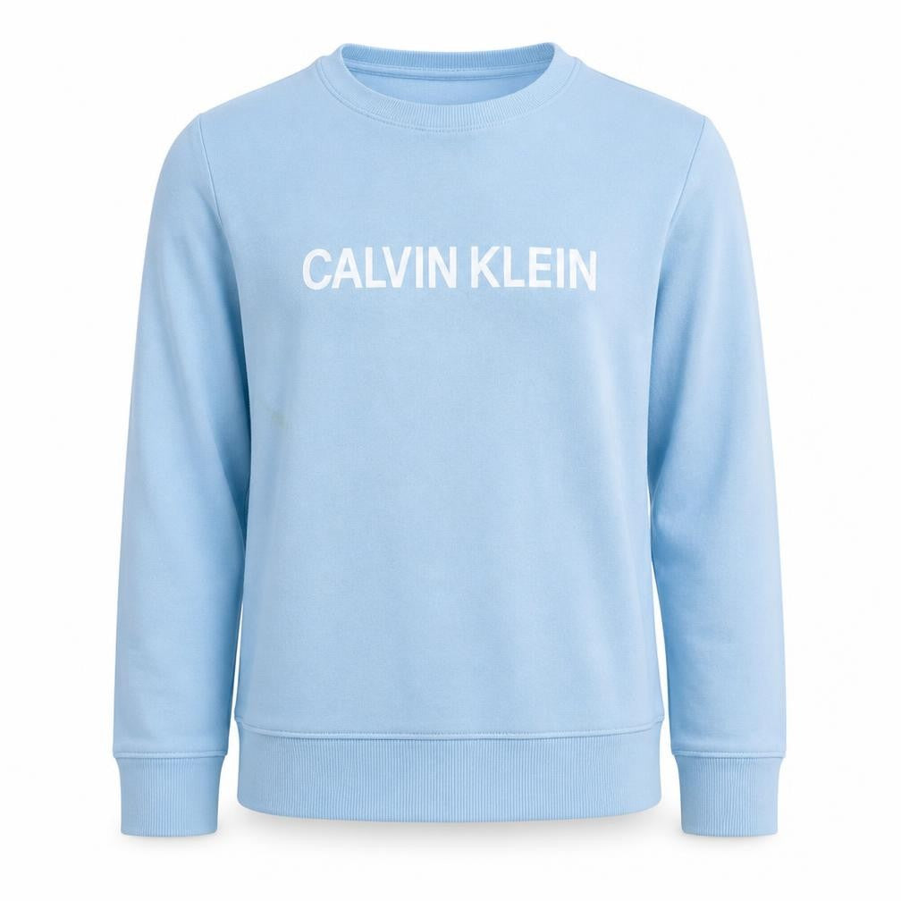 Front view of Calvin Klein Jeans women’s blue crew neck cotton sweatshirt, size UK 14
