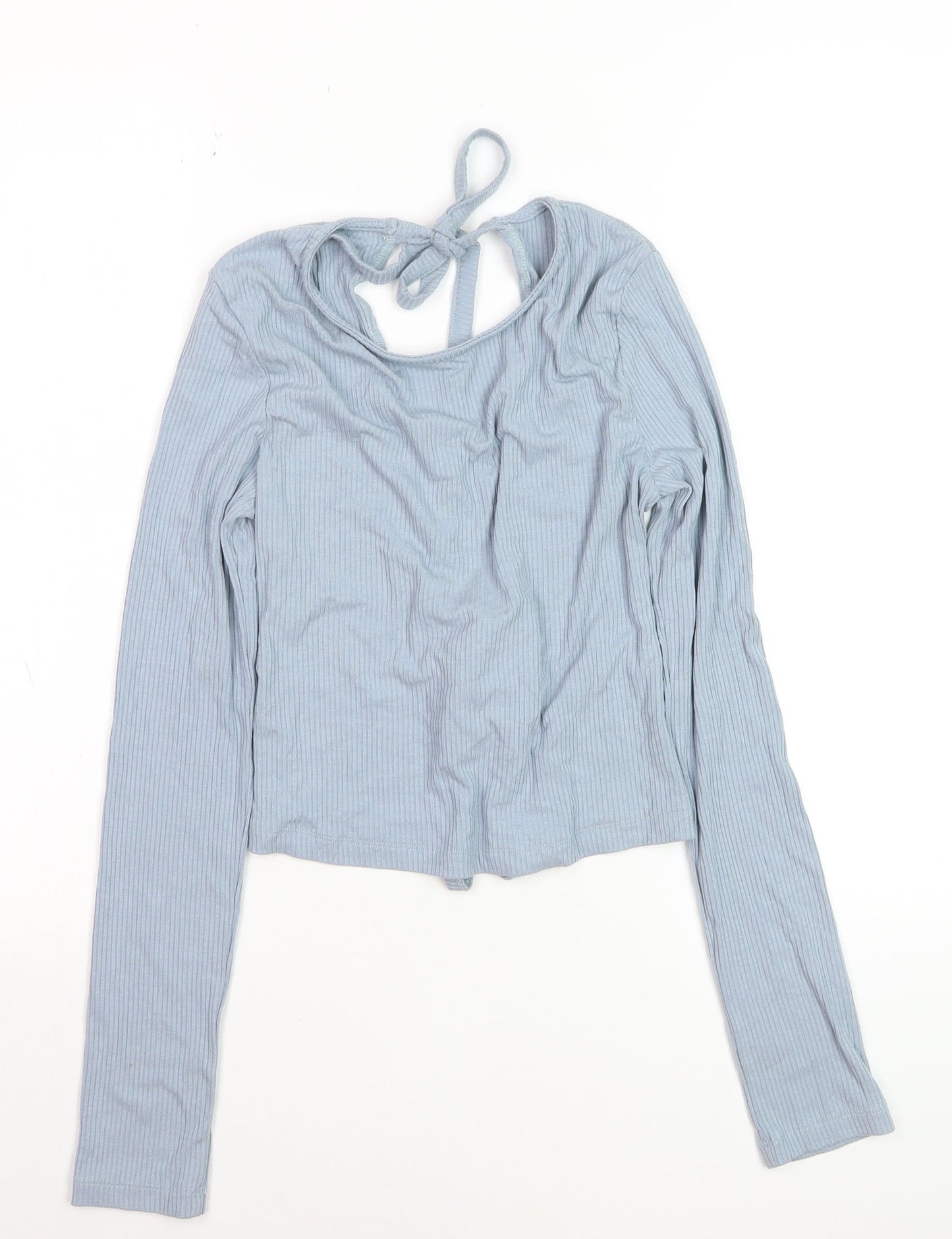 NA-KD Women Blue Cropped Long Sleeve Tie Front Top Size M