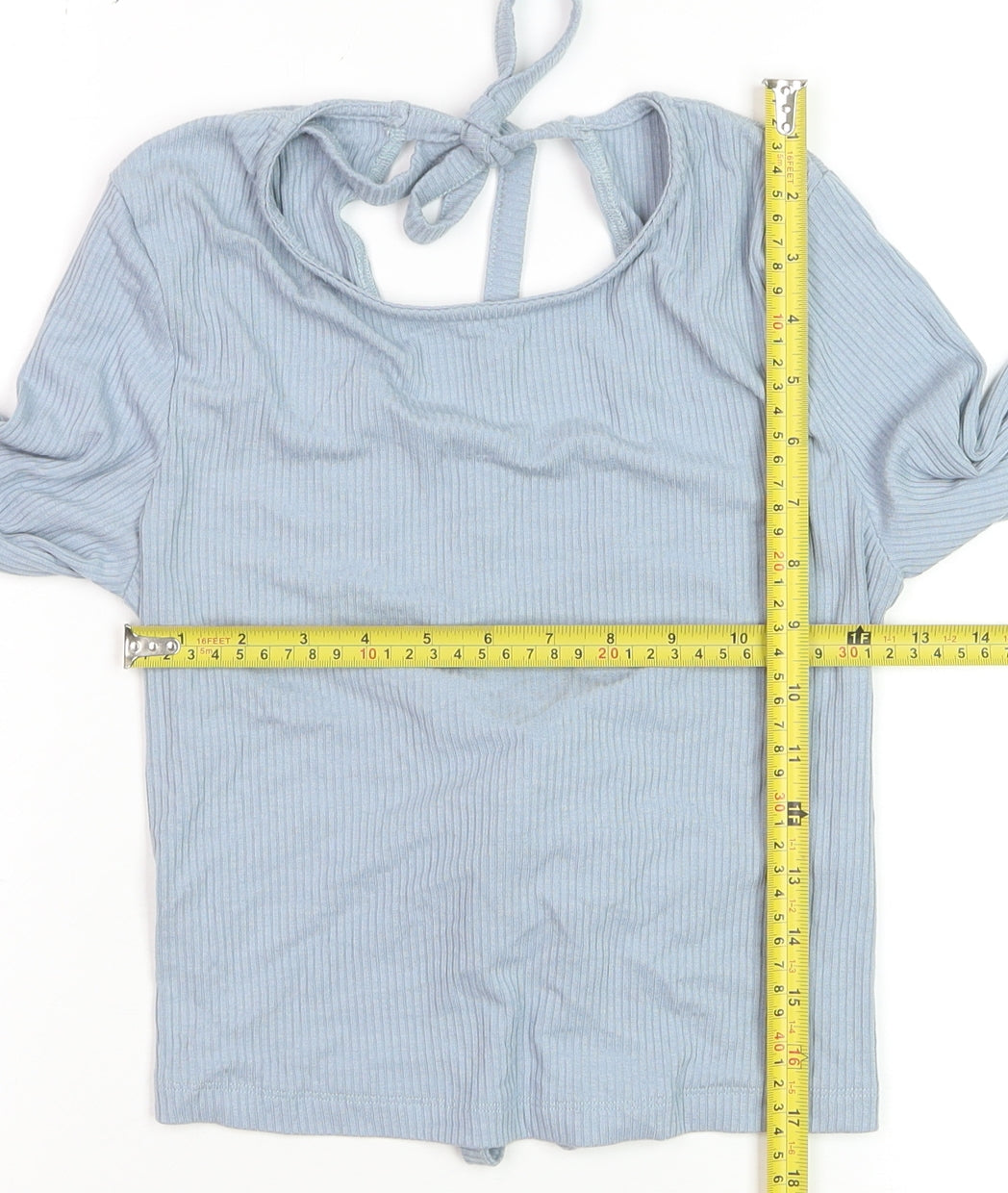 NA-KD Women Blue Cropped Long Sleeve Tie Front Top Size M